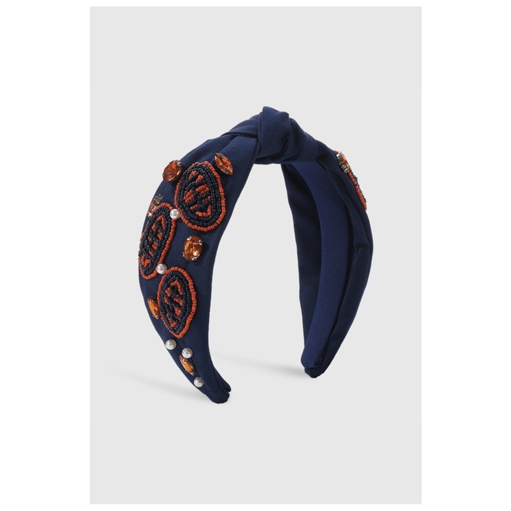 Game Day Football Beaded Top Knot Headband Navy-Orange
